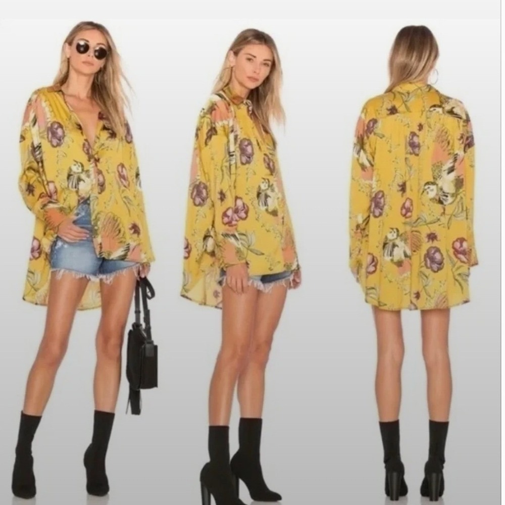 Free People Silky Nights Button Down Oversized Blouse SZ S Hummingbird Floral
